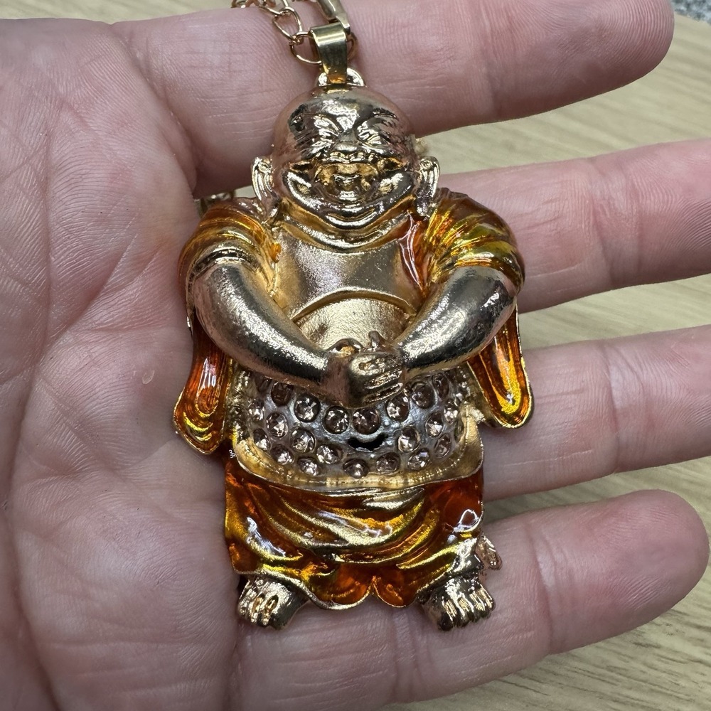 Betsey Johnson Buddha Monk Pendant Necklace Gold Tone